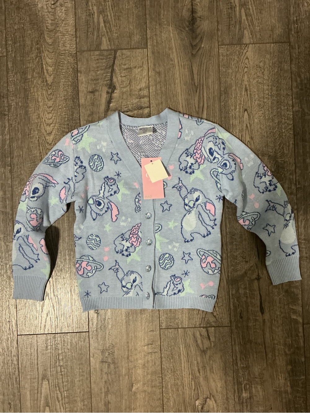 New! Disney Stitch Pastel Blue Cartoon Knit Cardigan Girls XS NWT